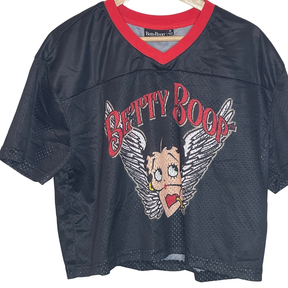 Betty‎ Boop Angel Graphic Football Jersey Mesh Shirt Black Red Mens Medium